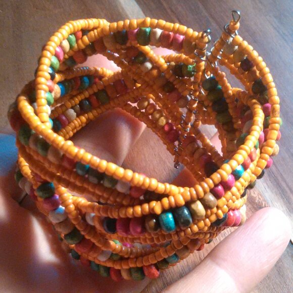 Orange Seed Bead and Multi-Color Bead Twisted Weave Cuff Bracelet - Picture 5 of 8